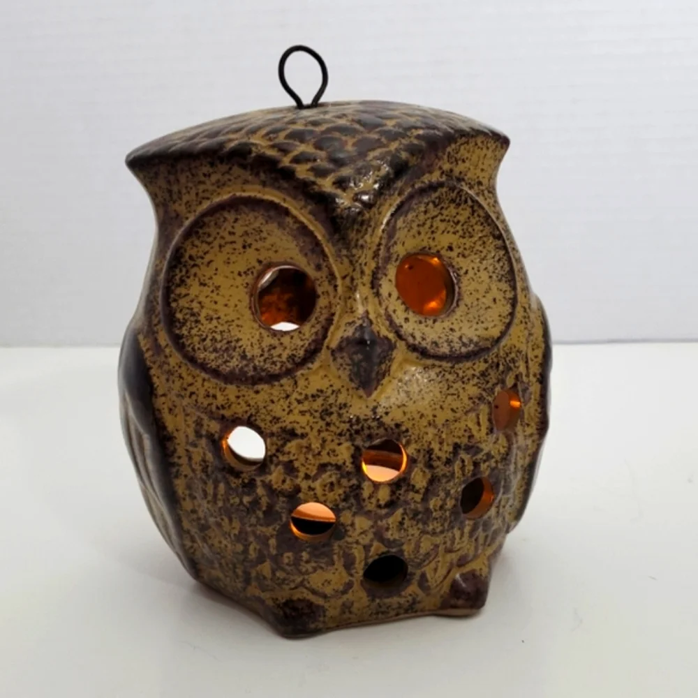 Vintage Ceramic Owl Lantern Tealight Candleholder w Loop for Hanging 1970s